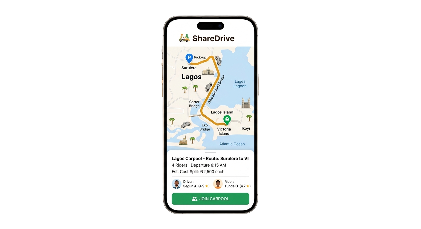ShareDrive App Mockup showing Lagos carpool map