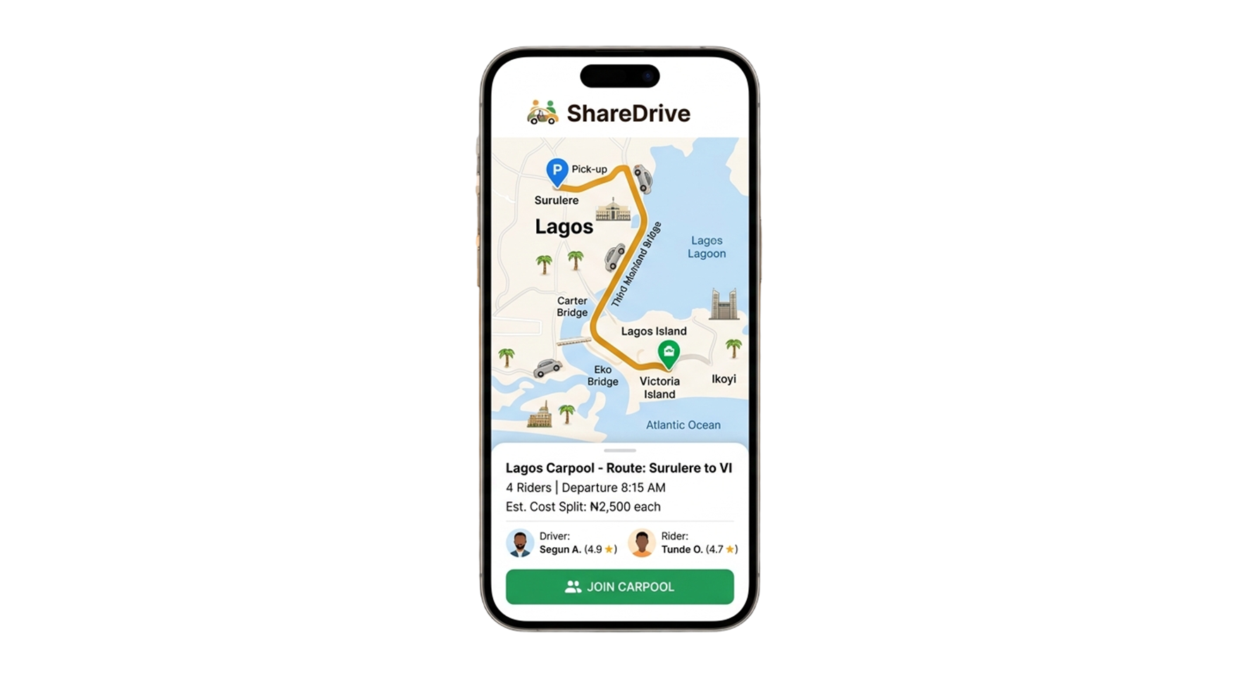 ShareDrive app showing ride booking
